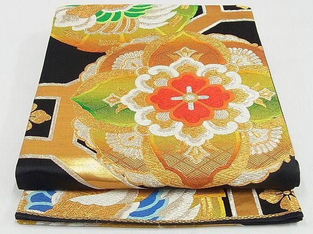 平和屋着物◎六通柄袋帯 唐織 蜀江花蔓文 黒地 金銀糸 正絹 逸品 AAAG0627Aex
