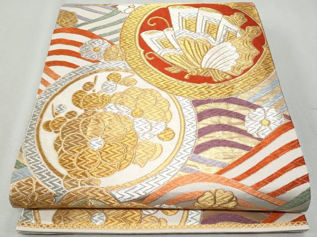 平和屋着物◎六通柄袋帯　唐織　寿松金彩花蝶圓文　金銀糸　正絹　逸品　CAAZ4894fb