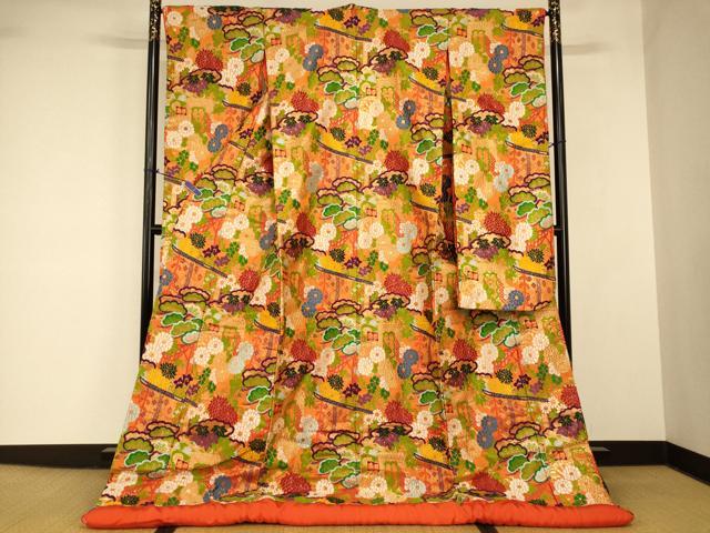 ■■■　サイズ　■■■ 身丈 189cm（肩から） 裄丈 66cm 袖丈 106cm　縫込み 8cm 袖幅 33cm 前幅 28cm 後幅 29cm 着物縫いこみ 内揚げ 0cm 裄 お袖側 約1cm　身頃側 約2cm ■■■　商品詳細　■■■ 【正絹・ふき綿仕立て】 状態は接写画像のように下前おくみ・上前おくみ・上前に糸解けがございますが その他特に目立ったシミ汚れなどもなく大変良い状態です。 大変上質な逸品になります。 お安く出品致しますので、是非この機会にいかがでしょうか？ ■■■　注意事項　■■■ ■モニター発色の具合により色合いが異なる場合がございます。 ■寸法は多少の誤差が生じる場合がございますのでご了承ください。 ■縫込みの長さが左右非対称の場合は短い部分を記載しております。 左右非対称であってもご返品・お値引き等の保証は出来かねますので、ご了承の上ご購入をお願い致します。 ■シミ等のチェックには注意を払っておりますが、見落としがある場合もございますし、個人の見解も様々ですので神経質な方のご購入はお控えください。 ■箪笥に入っておりました着物や帯なので畳みシワや匂いがあるものもございます。 ■お休みは基本的に土日祝となりますが、その他臨時でお休みする場合がございますのでご了承ください。 ■商品の発送は平日のみの発送となります。 ■夜間と土曜、日曜日はお問い合わせの回答が遅れる場合がございます。 ■当店では、お直し、紋入れ、お手入れ等は承っておりません。 ■生地の状態（ヤケ、経年劣化等）によってはサイズ直しが出来ない場合がございます。 その点もどうかご了承のうえ、ご購入をお願いいたします。 ■弊社で取り扱う商品は一点ものにつき、時期や在庫状況に応じて金額が変更となる場合がございます。 ■検針は行っておりません。予めご了承いただきますようお願いいたします。 ■【洗える着物】と記載のある商品におきましては、商品お届け後に洗濯を行ってしまってからのご返品にはご対応しかねます。 念の為、専門店でのお手入れをお願いいたします。 ■写真に写っている物が全てになります。 それ以外の付属品はございませんのでご了承ください。 ■状態に関する写真につきましては、掲載可能な写真枚数に限りがあるため、 各箇所につき1枚参考画像を掲載しております。 ■着物のサイズ目安は下記を参考ください↓ ＜女性着物＞　お端折り次第で＋5cm　−10cmが着用可能サイズ 　例）身丈170cmの場合、身長160cm〜175cm ＜男性着物＞　身丈＋約25cm〜27cm程が適応身長 　例）身丈155cmの場合、身長180cm〜182cm