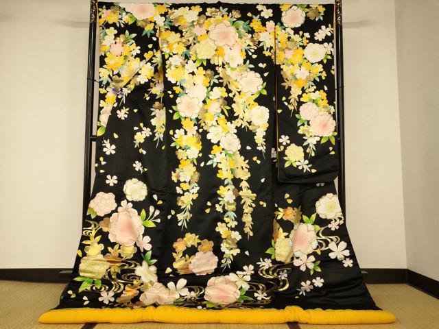 平和屋本店●色打掛　和装　婚礼　結婚式　花嫁　神社挙式　枝垂れ桜流水文　黒地　金銀彩　逸品　AABJ2836fw
