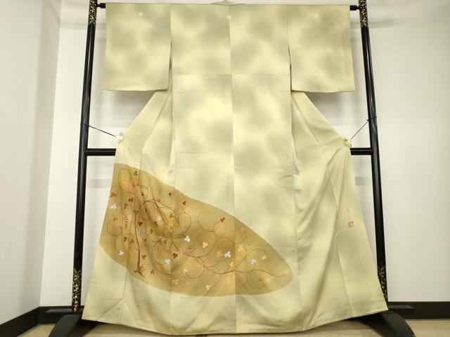 平和屋着物●人間国宝　福田喜三郎　色留袖　刺繍　枝葉文　暈し染め　金彩　正絹　逸品　AABK6284ck