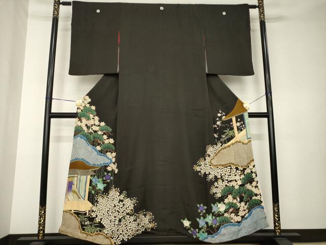 平和屋着物●アンティーク　大正ロマン　黒留袖　刺繍　両褄　風景文　正絹　逸品　AABK7349ck