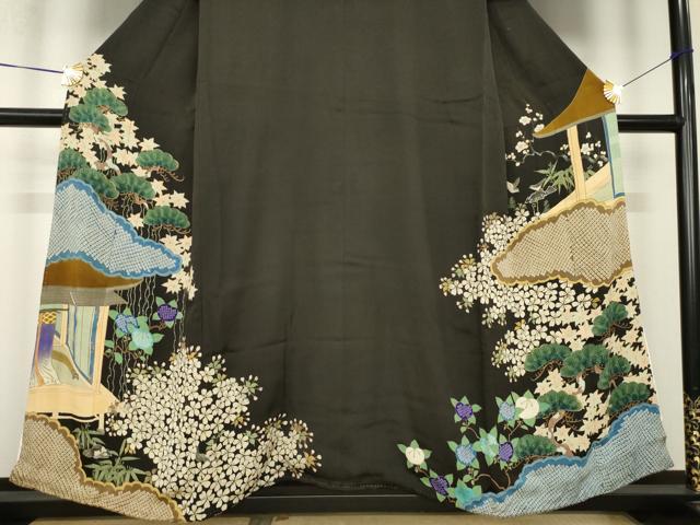 平和屋の平和屋着物●アンティーク　大正ロマン　黒留袖　刺繍　両褄　風景文　正絹　逸品　AABK7349ck｜アングル3