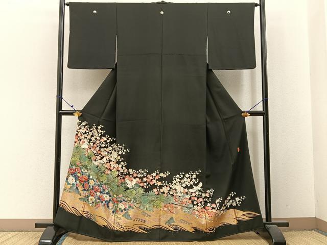 平和屋着物■豪華黒留袖 作家物 刺繍 飛鶴流水花文 金彩 正絹 逸品 BAAX6479hj