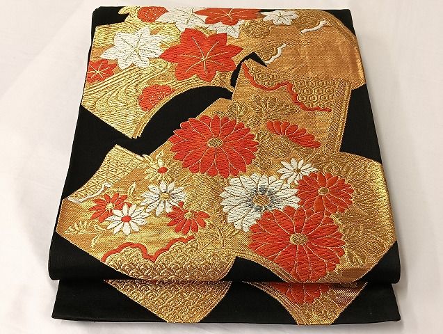 平和屋着物◎六通柄袋帯　冊子花文　黒地　金銀糸　正絹　逸品　AAAG2174Bnf