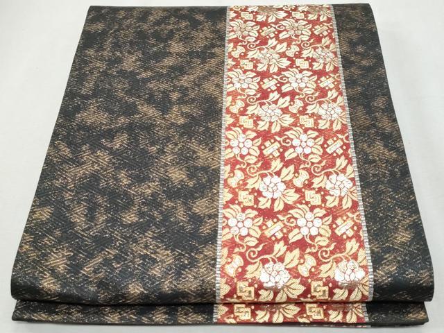 平和屋着物◎六通柄袋帯 花唐草間道 黒地 金糸 正絹 逸品 CAAZ4900fb