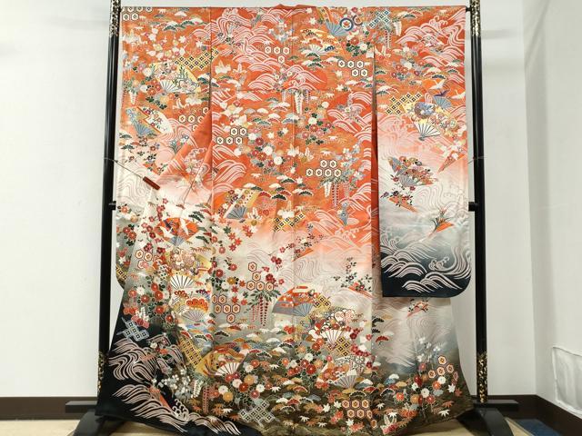 平和屋着物●豪華振袖　駒刺繍　立波扇面鳳凰松竹梅花文　暈し染め　金彩　正絹　逸品　CABG0717yc