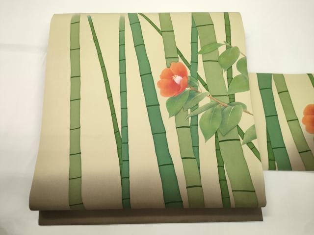 平和屋着物●塩瀬　九寸名古屋帯　笹竹　椿　金銀彩　正絹　逸品　CABJ2335dy