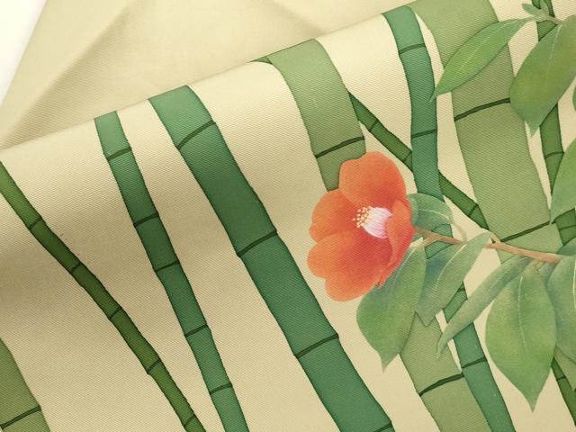 平和屋の平和屋着物●塩瀬　九寸名古屋帯　笹竹　椿　金銀彩　正絹　逸品　CABJ2335dy｜アングル3