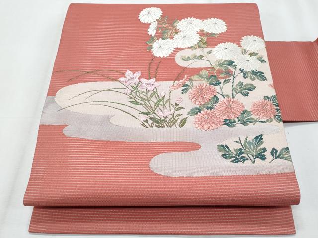 平和屋着物＊夏物　九寸名古屋帯　唐織　桔梗　枝菊文　銀糸　正絹　逸品　CABJ4499fb