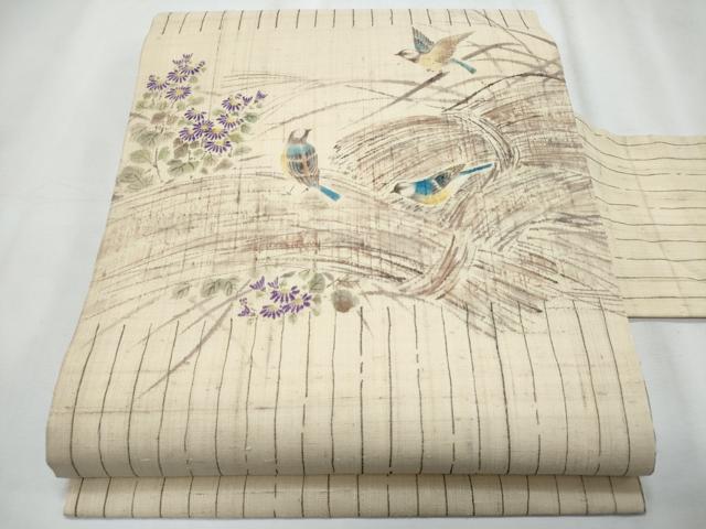 平和屋着物＊夏物　九寸名古屋帯　手描き　花鳥文　正絹　逸品　CABJ4544fb