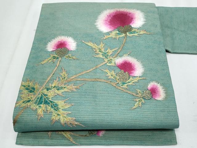 平和屋着物＊夏物　アンティーク　大正ロマン　九寸名古屋帯　総刺繍　手刺繍　枝花文　金糸　正絹　逸品　CABJ4614fb