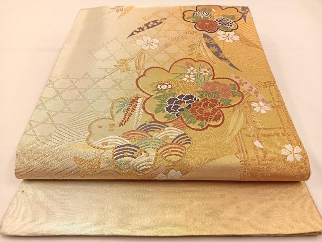 平和屋着物◎西陣　六通柄袋帯　唐織　銅&amp;#30409;箔　枝垂れ花蝶文　正絹　逸品　BAAS9419ow