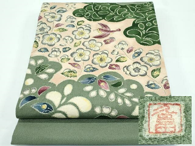 平和屋本店■超希少　東京友禅　久呂田明功　太鼓柄袋帯　辻が花　花鳥文　鬼しぼ縮緬　麹塵色地　逸品..