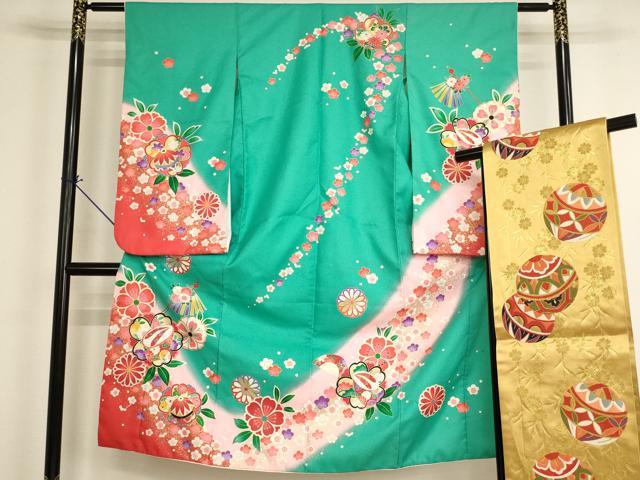 平和屋着物[]七五三　女の子　7歳　祝着　四つ身　袋帯セット　舞桜文　ぽっくり下駄　簪　暈し染め　金彩　AABI2680ja