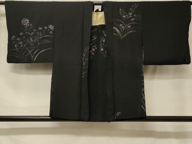 平和屋着物＃羽織　寿光織　草花文　黒地　銀糸　正絹　逸品　CABG8399in