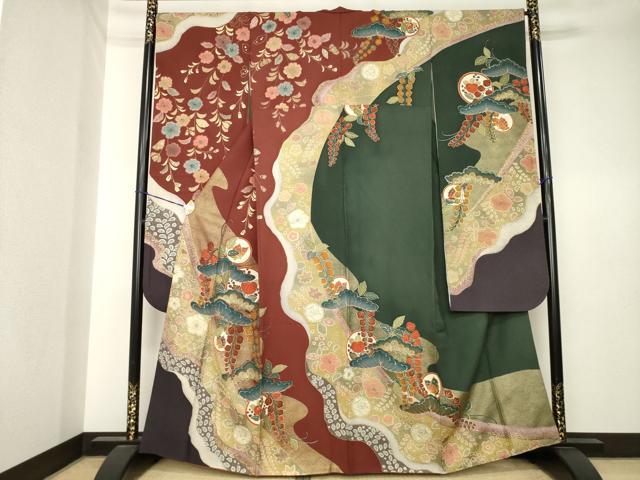 平和屋着物●豪華振袖　吉祥花蝶丸文　松　金彩　正絹　逸品　AABK6297ck