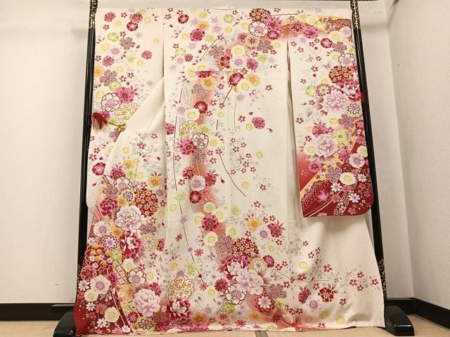 平和屋着物●豪華振袖　刺繍　花蝶文　銀彩　銀通し地　ロング丈　正絹　逸品　AABK7059ph