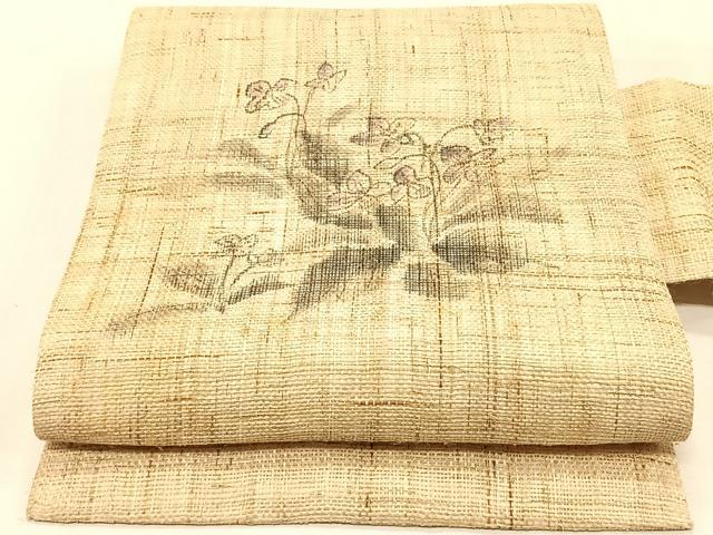 平和屋着物＊夏物　九寸名古屋帯　手描き　枝花文　麻　逸品　CABJ4750fb
