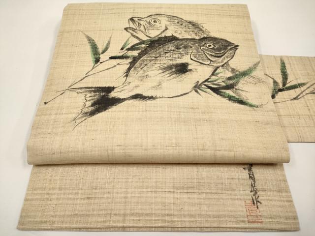 平和屋着物＊夏物　九寸名古屋帯　作家物　手描き　紬地　魚　正絹　逸品　CABJ5844tx
