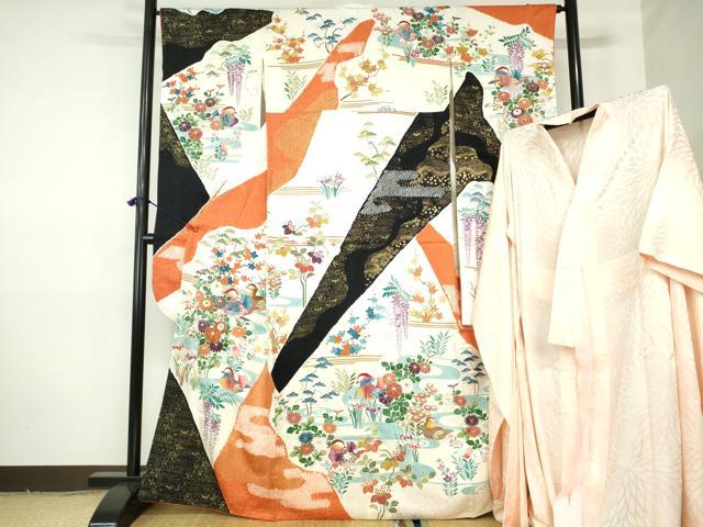 平和屋着物●豪華振袖・長襦袢セット(無双仕立て)　駒刺繍　絞り　鴛鴦花文　金彩　正絹　逸品　DABH0178op