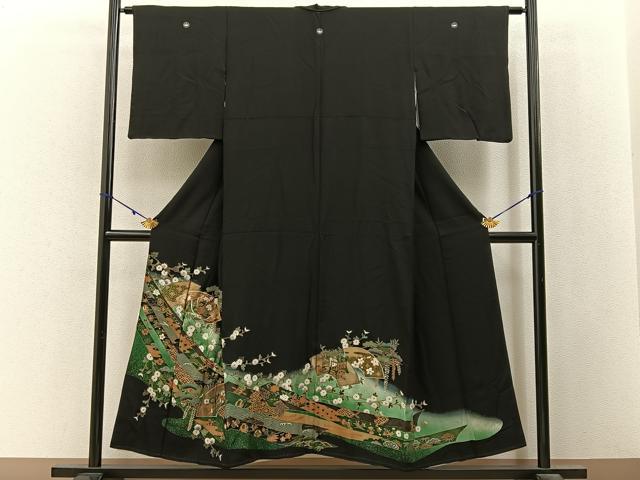 平和屋着物■豪華黒留袖 駒刺繍 地紙熨斗花文 暈し染め 金彩 正絹 逸品 BAAY3023hj