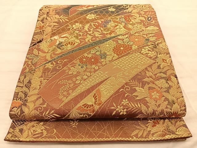 平和屋着物◎六通柄袋帯　鳳凰花蝶文　金糸　正絹　逸品　BAAT3293du