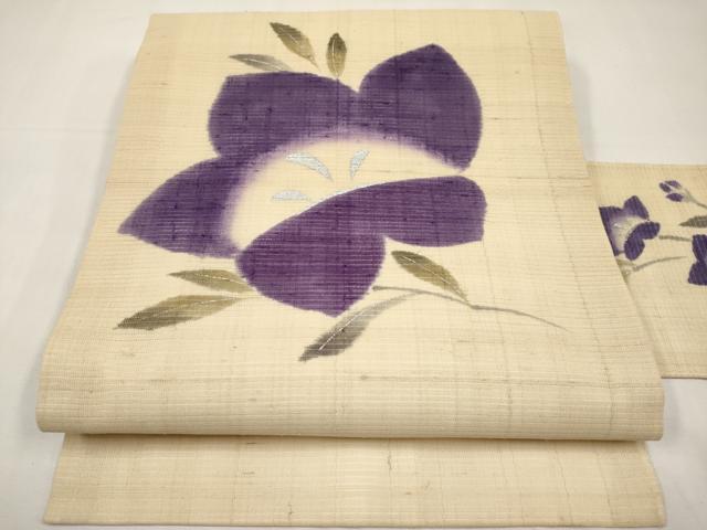 平和屋着物＊夏物　九寸名古屋帯　手描き　紬地　桔梗　銀彩　正絹　逸品　CABJ5923tx