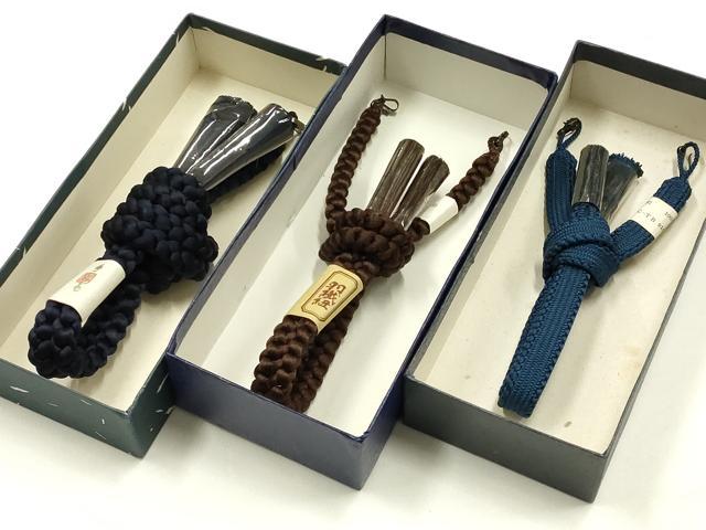平和屋着物▼男性 和装小物 羽織紐まとめて3点 平組・丸組 紺・茶・青色系 切り房・撚り房 逸品 AABJ9519ay