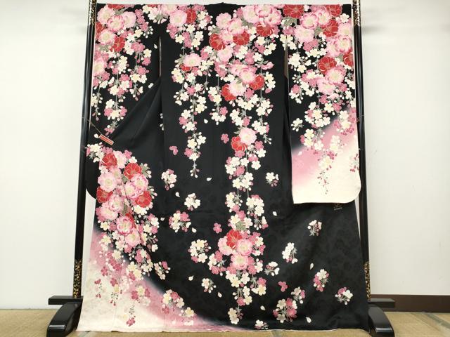 平和屋着物●ファッションブランド　hiromichi nakano　ヒロミチナカノ　振袖　舞桜文　暈し染め　黒地　正絹　逸品　CABH9739ut