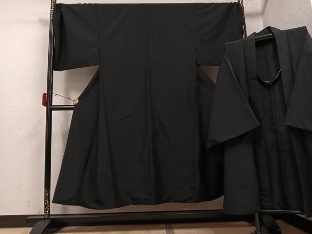 平和屋着物●男性　色無地　アンサンブル　黒色　洗える着物　AABJ3866ph
