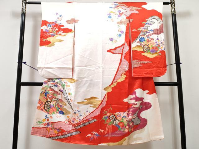 平和屋着物[]七五三　女の子　7歳　祝着　四つ身　駒刺繍　御所車花文　金彩　DABE...