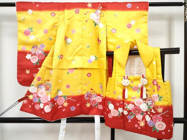 平和屋着物[]七五三　女の子　3歳　祝着　三つ身　被布セット　横笛鼓花文　暈し染め　金彩　DABE7460ma