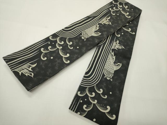 平和屋着物●男性　両面　角帯　鯉/コイ　市松文　黒地　銀糸　CABI4889ak