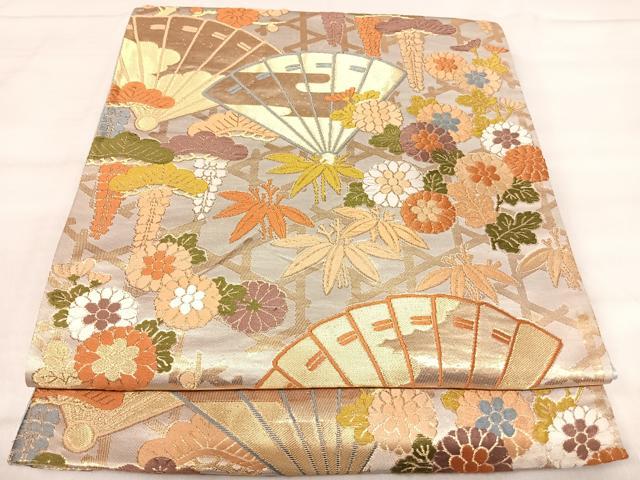 平和屋着物◎六通柄袋帯 唐織 扇面吉祥花文 金糸 正絹 逸品 AABK0444yx