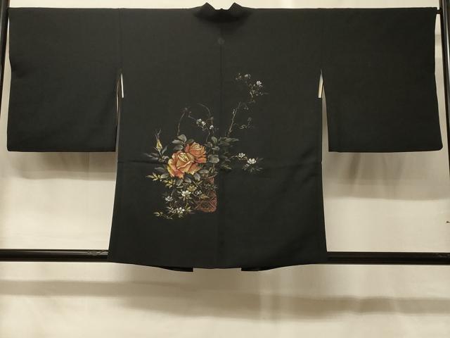 平和屋着物＃羽織　寿光織　花籠文　薔薇　バラ　黒地　金銀糸　正絹　逸品　CABG8252in