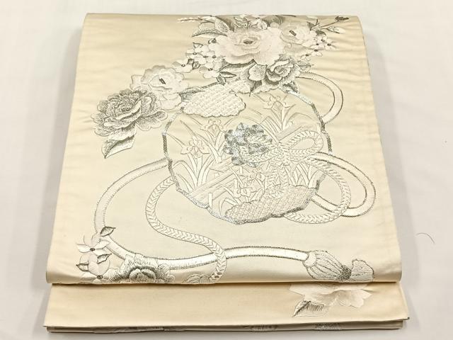 平和屋着物◎太鼓柄袋帯 総刺繍 駒刺繍 鏡裏草花文 銀糸 正絹 逸品 CABJ6158yk