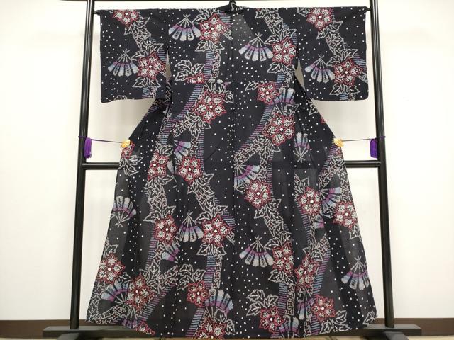 平和屋着物■極上　夏物　浴衣　有松鳴海絞り　桧扇花文　濃紺地　綿　逸品　CYAA3012s5