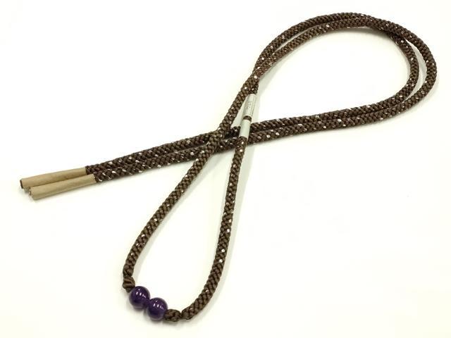 平和屋着物▼和装小物 上質な帯締め 帯留め付き 天然石 銀糸 正絹 逸品 未使用 AABJ9543ay