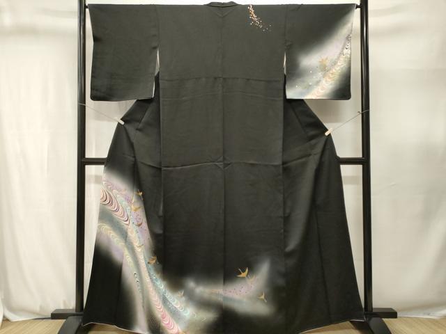 平和屋着物■訪問着 飛鶴文 暈し染め 黒地 金銀彩 正絹 逸品 CABJ3142ev