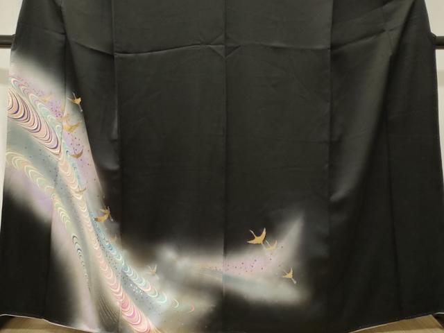 平和屋の平和屋着物■訪問着 飛鶴文 暈し染め 黒地 金銀彩 正絹 逸品 CABJ3142ev｜アングル3