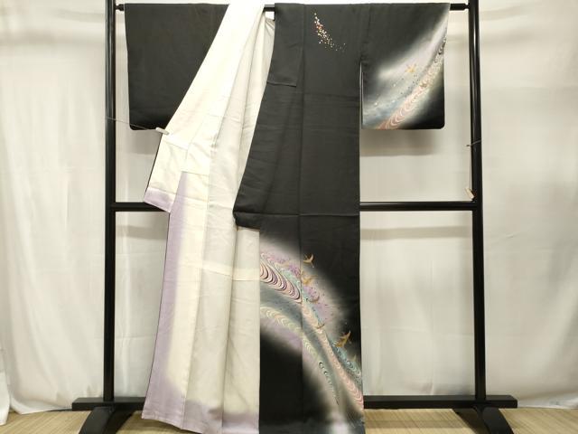 平和屋の平和屋着物■訪問着 飛鶴文 暈し染め 黒地 金銀彩 正絹 逸品 CABJ3142ev｜アングル2
