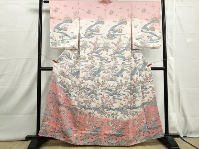 平和屋着物■訪問着 流水草花文 暈し染め 正絹 逸品 DABI1581qa