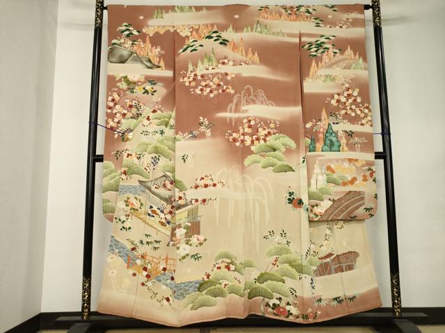 平和屋本店●アンティーク　大正ロマン　振袖　駒刺繍　風景文　暈し染め　正絹　逸品　AABK0373ck