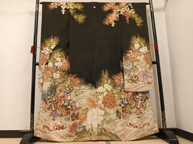 平和屋本店●アンティーク　大正ロマン　振袖　駒刺繍　飛鶴草花宝船　黒地　金彩　正絹　逸品　AABK3209ph