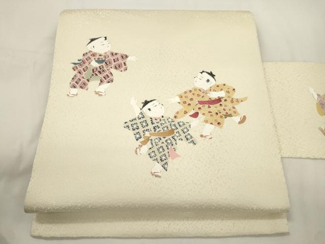 平和屋着物●九寸名古屋帯　童子遊び　銀通し地　正絹　逸品　CABJ9562dy
