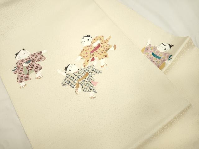 平和屋の平和屋着物●九寸名古屋帯　童子遊び　銀通し地　正絹　逸品　CABJ9562dy｜アングル2