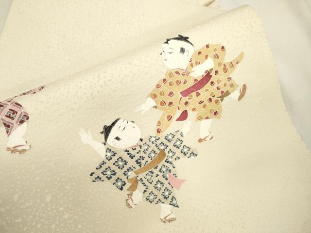 平和屋の平和屋着物●九寸名古屋帯　童子遊び　銀通し地　正絹　逸品　CABJ9562dy｜アングル3