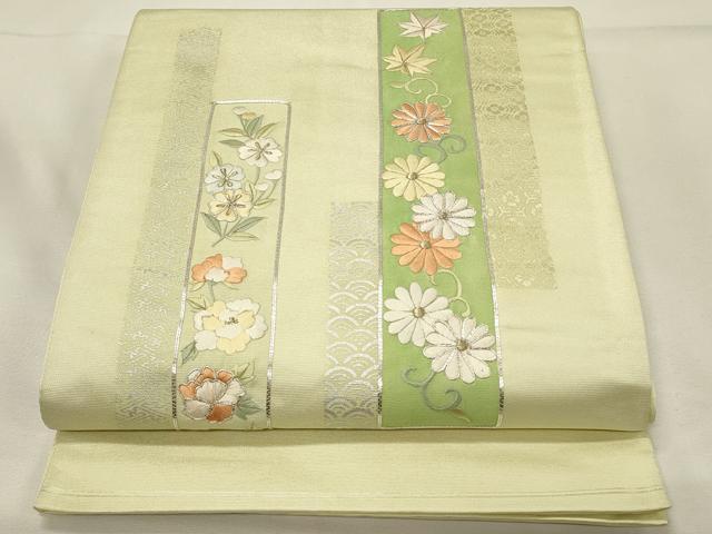 平和屋着物◎太鼓柄袋帯 駒刺繍 短冊花文 金糸 銀彩 正絹 逸品 DABH4363qp