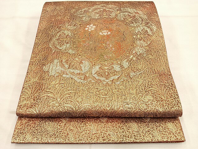 平和屋着物◎太鼓柄袋帯　ふくれ織り　鳳凰花唐草文　金銀糸　正絹　逸品　BAAL7188di